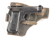 BERETTA MOD.1935 S/A PISTOL: 7.65; 7 shot mag; 85mm (3 3/8") barrel; g. bore; std sights & Beretta markings to lhs of slide; g. profiles & markings; retaining 75% original blacked finish; g. original Beretta grips; complete with leather holster; gwo & con