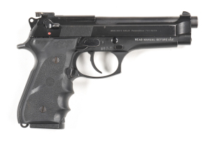 BERETTA 92FS S/A PISTOL: 9mm; 10 shot mag; 125mm (4 7/8") barrel; vg bore; std sights, barrel address & markings; vg profiles & clear markings; 98% orig blacked finish remains to barrel, slide & frame; vg Hogue rubber grips; gwo & vg+ cond. Comes with Ber