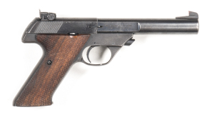 HI-STANDARD SHARP SHOOTER S/A R/F PISTOL: 22 Cal; 10 shot mag; 140mm (5½") round barrel; g. bore; std sights, barrel address & markings; g. profiles & clear markings; blue/grey finish to barrel & frame; g. original chequered wooden grips; gwo & cond. #238