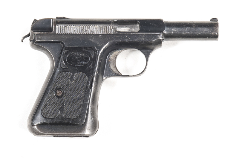 SAVAGE MOD.1917 S/A POCKET PISTOL: 32 ACP; 6 shot mag; 92mm (3¾") barrel; g. bore; std sight, slide address & markings; g. profiles with slight wear to address; blacked finish to slide & frame; blue/grey to grip frame; f to g black plastic Savage grips wi