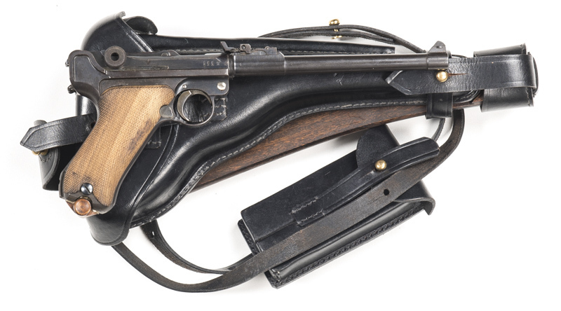 GERMAN WWI D.W.M. ARTILLERY P08 LUGER PISTOL: 9mm; 8 shot mag; 203mm (8") barrel; D.W.M. to toggle; Imperial proofs to rhs of frame; 1917 to the breech; vg profiles & clear markings; old re-blacked finish to pistol; polished trigger, safety catch, mag rel