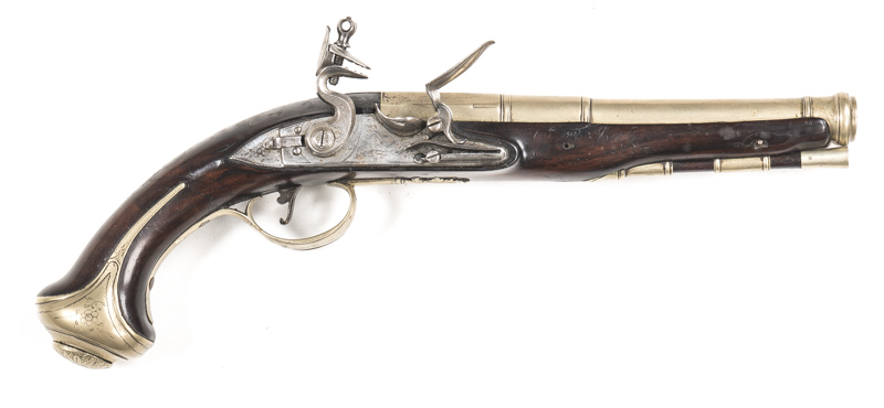 SCARCE JONATHAN STANTON FULL STOCKED FLINTLOCK TRAVELLING PISTOL: 18 bore; 7.75", 3 stage nickel silver cannon barrel with LONDON to breech; stepped lock with bolted safety; fitted with a swan necked cock & semi-detached pan; scroll engraving & STANTON to