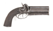 THOMAS BLISSETT U/O PERCUSSION GREAT COAT PISTOL: 32 bore; 102mm (4") barrels fitted with a belt hook & captive r.rod; f. bores; silver bead front sight & notched rear sight at the tang; THOS BLISSETT 38 SOUTH CASTLE ST LIVERPOOL to the barrel; foliate en