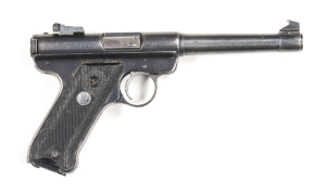 RUGER MKI S/A PISTOL: 22 LR; 10 shot mag; 153mm (6") round barrel; g. bore; std sights, receiver address & markings; g. profiles & clear markings; retaining 75% original blacked finish with most losses to grip frame & lhs of receiver; g. black chequered p