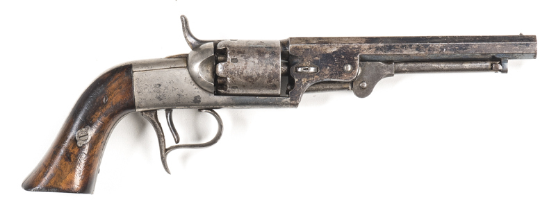 BELGIUM COLT BREVETE PERCUSSION REVOLVER: 36ML; 6 shot cylinder with no visible scene; 153mm (6") octagonal barrel marked CH-CH; "CHARLES CHARLIER" LIEGE" BELGIUM under the barrel; small dovetail front sights; plain frame with spur t/guard; g. profiles; r