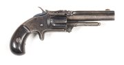S&W MODEL 1½ 2nd ISSUE RF REVOLVER: 32 RF; 5 shot fluted cylinder; 89mm (3½") barrel; f to g bore; std sights with French retailers address to top rib & inscribed BEDALINE RUE DUPHOT 25 PARIS to top strap; plain frame with spur trigger; vg profiles & clea