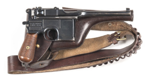 GERMAN C96 MAUSER S/A PISTOL: 7.63; 10 shot mag; 140mm (5½") barrel; g. bore; std sights, breech address & markings; vg profiles & clear markings; retaining 97% old re-blue finish with slight muzzle wear; vg wooden grips with 21 grooves & lanyard ring; co