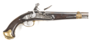 DUTCH FLINTLOCK HOLSTER PISTOL: 68 Cal; 9" barrel; g bore; plain banana shaped lock plate inscribed I.I.BEAR; fitted with a swan necked cock & detached pan; brass regulation type furniture with heavy butt & nose cap incorporating brass band & sight; vg pr