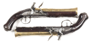 PR OF MICHAEL BERLEUR FRANCE FLINTLOCK BRASS BARREL BLUNDERBUSS TRAVELLING PISTOLS: 7½", 2 stage, bell muzzle brass barrels inscribed M. BERLEUR; g. bores; plain locks inscribed M. BERLEUR; fitted with swan necked cocks & semi-detached pans; plum finish t