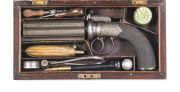 MASSIVE CASED P. HAST DRAGOON PERCUSSION PEPPERBOX PISTOL: 577 Cal; 5 shot; 132mm (5¼") cylinder cluster with LONDON proofs; foliate engraved frame with P. HAST COLCHESTER within an oval & bar hammer; vg profiles, clear engraving & markings; silver grey t