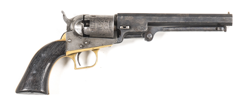 COLT BREVETE 1849 POCKET PERC REVOLVER: 31 ML; 5 shot cylinder with faint Indian scene; 147mm (5¾”) oct barrel; sml brass front sight; top barrel flat inscribed ADDRESS AML COLT NEW YORK CITY; no Colt's patents to lhs of frame or proof marks to cylinder o