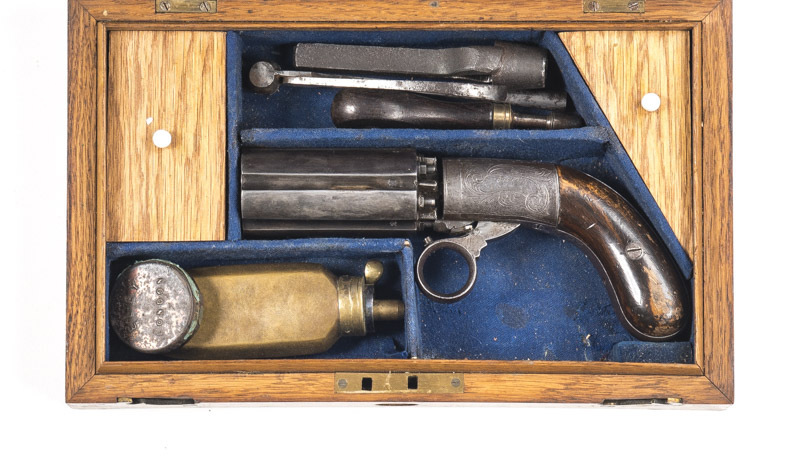 CASED COOPER'S PATENT RING TRIGGER PERCUSSION PISTOL: 41ML; 6 shot; 76mm (3") barrel cluster stuck with English Birmingham proofs; foliate engraved back strap & frame with J.R. Cooper's patent within a banner to lhs of frame; g. profiles, clear markings &