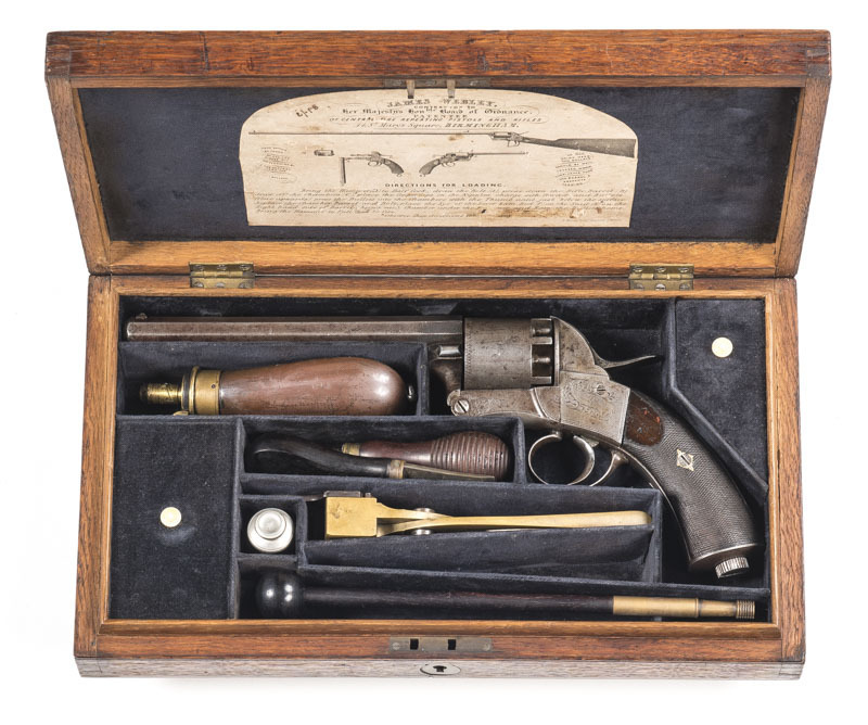 CSD WEBLEY LONG SPUR PERCUSSION REVOLVER: 54 bore; 6 shot non fluted cylinder; 173mm (6 7/8") oct barrel; f. bore; std sights with top barrel flat inscribed JAMES WEBLEY ST. MARY'S SQUARE BIRMINGHAM; borderline & foliate engraved action; JAMES WEBLEY PATE