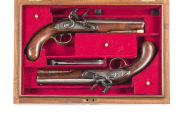 CSD PR OF JOHN HARVEY FULL STOCKED FLINTLOCK OFFICER'S PISTOLS: 25 bores; 6½" barrels inscribed EXETER to the breeches; g. bores; plain stepped lock plates & rollers to the frizzens; brass pineapple t/guards with sml foliate panels; g. profiles, clear add
