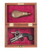 WHEELER D/B U/O TAP ACTION F’LOCK POCKET PISTOL: 32 Cal; 1¼" rnd barrels; breech struck with Birmingham proofs & touch mark; centre hammer action with a re-inforced cock & sliding safety bar; boxlock action sides engraved with stands of arms & marked WHEE