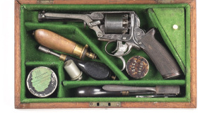 CSD 3RD MODEL TRANTER PERCUSSION REVOLVER: 80 bore; 5 shot non fluted cylinder; 114mm (4½") oct barrel; f. bore; std sights; top strap inscribed W. RICHARDS 105 BOURKE ST EAST MELBOURNE, v.fine pitting to the W.; foliate engraved frame, lever & t/guard; g