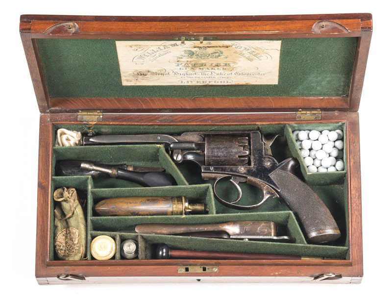 CSD PRESENTATION BEAUMONT ADAMS PERCUSSION REVOLVER: 54 bore; 5 shot non fluted cylinder; 145mm (5 5/8") oct barrel; std sights with WILLIAMS & POWELL RETAILER'S, 25 SOUTH CASTLE ST LIVERPOOL address to top barrel flat; plain borderline engraved frame; L.