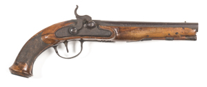 FLEMISH LAMOTTE PERCUSSION S/B HOLSTER PISTOL: 650 Cal; 8½" round barrel; f. bore; small brass bead front sight; foliate engraving to the breech, lock plate, t/guard & furniture; g. profiles & clear engraving; plum patina to barrel, lock, t/guard & furnit