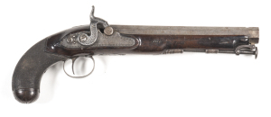 HW MORTIMER FULL STOCKED PERC OFFICER'S HOLSTER PISTOL: 16 bore; 9" oct barrel; f. bore; notched rear sight at the tang; front sight missing; converted from flint by nipple & drum method; H.W.MORTIMER to lock with bolted safety & borderline engraving; ste