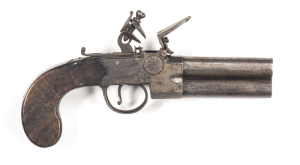 T.KETLAND & CO U/O TAP ACTION FLINTLOCK POCKET PISTOL: 50 bores; 2 7/8" round barrels; boxlock centre hammer action with sliding top safety, re-inforced cock & barrel selector switch to lhs of frame; stand of flags engraving to both sides of frame with T.