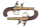 PAIR OF FLEMISH S/B POCKET PISTOLS: 54 bore; 2½" round brass barrels & actions; g. bores; centre hammer actions with re-inforced cocks; brass t/guards; g. profiles; no visible markings; mellow patina to barrels & actions; g. slab sided walnut grips; one p