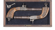 CSD PR OF IMPERIAL RUSSIAN PERCUSSION TRAVELLING PISTOLS: 20 bores; 4", 2 stage rnd damascus barrels with inscription in relief engraving IN TULA N GOLTYKOV within borders to top of barrels; boxlock centre hammer actions with concealed triggers & having a