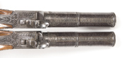 CSD PR OF IMPERIAL RUSSIAN PERCUSSION TRAVELLING PISTOLS: 20 bores; 4", 2 stage rnd damascus barrels with inscription in relief engraving IN TULA N GOLTYKOV within borders to top of barrels; boxlock centre hammer actions with concealed triggers & having a - 2