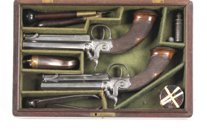 CSD PR WILLIAMS & POWELL PERC BELT PISTOLS: 38 bore; 4¾" oct barrel; g. bores; std sights, captive rods & belt hooks; top barrel flats inscribed WILLIAMS & POWELL LIVERPOOL; box lock side hammer actions; foliate engraving to the breech, barrel tang, actio