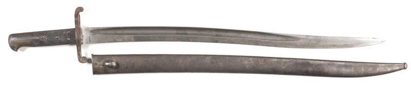 BRITISH 1858 PATT ARTILLERY SHORT RIFLE SWORD BAYONET: g. blade; ricasso marked HAVASSE; g. chequered pressed leather grips; g. cross guard & pommel in need of a clean; with g. steel scabbard; g. cond.