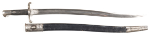 BRITISH PATT 1856 SHORT RIFLE YATAGHAN SWORD BAYONET: g. 22.75" blade with single fullers; knight's head & inspection stamps to ricasso; 264 to cross piece; g. hilt & pressed leather grips; complete with steel mounted black leather scabbard; g. cond.