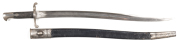 BRITISH PATT 1856 SHORT RIFLE YATAGHAN SWORD BAYONET: g. 22.75" blade with single fullers; knight's head & inspection stamps to ricasso; 264 to cross piece; g. hilt & pressed leather grips; complete with steel mounted black leather scabbard; g. cond.