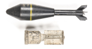 LOT X 2 PRACTICE RIFLE GRENADES: BRITISH AUSTRALIAN NO 68 MKI; dated 1942 & marked DRILL; with a patchy off white finish. No 94; marked GREN FIRE A.T.K. 94 PRAC MK2 10/59; blacked finish with yellow band; inert; both g. cond. Inert.