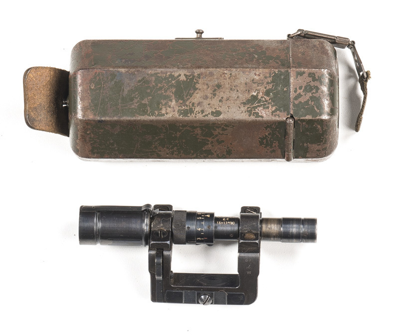 SCARCE ORIGINAL GERMAN WWII ZF41 SCOPE: by BUSCH RATHENOW; with rings & mounts; vg cond; f. optics; complete with original steel carry case; vg cond.