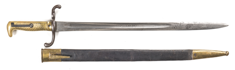 GERMAN MODEL 1871 MAUSER SWORD BAYONET: with full crosspiece; g. 18" blade with single fullers; Imperial cypher & 74 to back edge; brass hilt with grooves to rhs, plain to lhs; iron swept quillions; complete with brass mounted black leather scabbard with