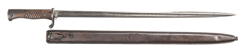 SCARCE GERMAN SAXON ISSUE MOD.1898 MAUSER QUILLBACK BAYONET: g. 20½" blade with areas of lt staining; ricasso marked SIMSON & CO SUHL; back edge of blade marked with Imperial cypher & 05; vg grooved 2 piece wooden grips; g. cross guard & pommel; complete