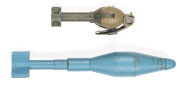 LOT X 2 FRAGMENTATION GRENADES: U.S. WWII M26: khaki finish with adaptor; vg cond. U.S. M31; blue finish; 17" o/a. Inert