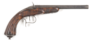 BELGIUM FLOBERT ACTION SALOON PISTOL: 6mm Flobert; s/shot; 228mm (9") octagonal barrel; std sight; foliate engraving to the breech, spur t/guard & ornate butt cap; g. profiles & clear engraving; retaining 75% original blue finish to barrel & furniture; vg