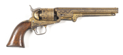 LONDON COLT 1851 NAVY PERCUSSION REVOLVER with INDIAN ENHANCED KOFTKARI GOLD DECORATION: 36 Cal; 6 shot cylinder; 153mm (7½") oct barrel marked ADDRESS COL-COLT LONDON; London proofs to barrel lug; COLTS PATENT to lhs of frame; revolver has had a full cov