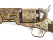 LONDON COLT 1851 NAVY PERCUSSION REVOLVER with INDIAN ENHANCED KOFTKARI GOLD DECORATION: 36 Cal; 6 shot cylinder; 153mm (7½") oct barrel marked ADDRESS COL-COLT LONDON; London proofs to barrel lug; COLTS PATENT to lhs of frame; revolver has had a full cov - 2