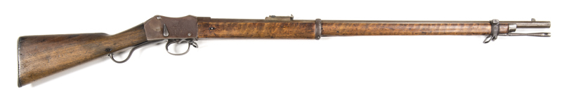 ENFIELD MARTINI HENRY MKI B/L SERVICE RIFLE: 450 Cal; 33.2" barrel; f to g bore; std sights & fittings; action marked VR ROYAL CYPHER 1874 I; g. profiles & clear markings; plum finish to barrel, bands, action & furniture; g. stock with minor bruising; VIC