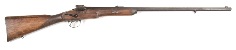 ENGLISH SOPER HALF STOCKED RIFLE: 52 bore; 31" round barrel; std sights; barrel inscribed SOPERS DIRECT ACTION BREECH LOADER; g. bore; lhs of action inscribed W.SOPER INVENTOR & PATENTEE READING; g. profiles & clear markings; dark brown finish to barrel w