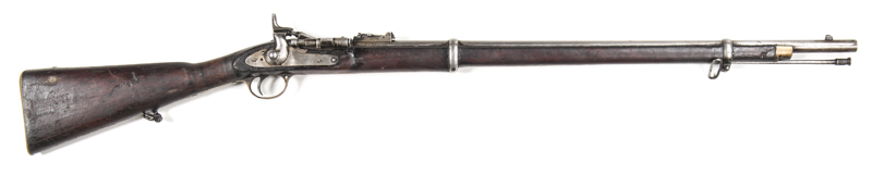 INDIAN ISSUE SNIDER ENFIELD LONG RIFLE: 577 Cal; 30.5" barrel; f. bore; std sights & fittings; lock marked VR, ROYAL CYPHER B.S.A. & M. CO & dated 1875; brass regulation furniture; wear to profiles & lock markings; silver grey finish to all metal parts; m