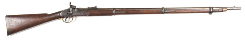 BRITISH TOWER 1853 PATT 2ND MODEL RIFLED PERCUSSION MUSKET: 577 Cal; 39" barrel; f to g bore; std sights & fittings; lock marked VR, ROYAL CYPHER TOWER 1857; brass regulation furniture with butt tang marked S over 996; vg profiles & clear markings; plum f