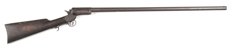 STEVENS TIP-UP S/B SHOTGUN: 12G; 32" barrel; 2½" chamber; f. bore; brass bead sights; Stevens address & 1864 date to the breech; slight wear to profiles, clear address; dark brown patina to all metal; g. stock with minor bruising; gwo & cond. #4934 Pre 19