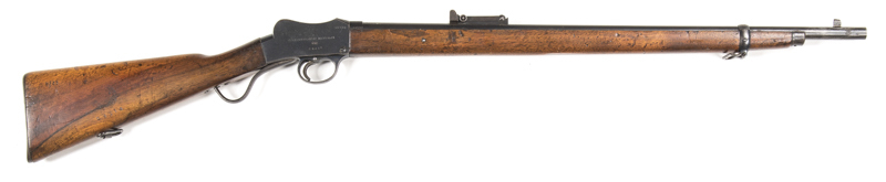 B.S.A. MARTINI CADET RIFLE: 310 Cal; s/shot; 25.2” barrel; vg bore; std sights & fittings; C of A & VICT GOVT marks to rhs of action; BSA address to lhs; vg profiles & clear markings; 80% original blue finish to barrel, action & fittings; g. stock with mo