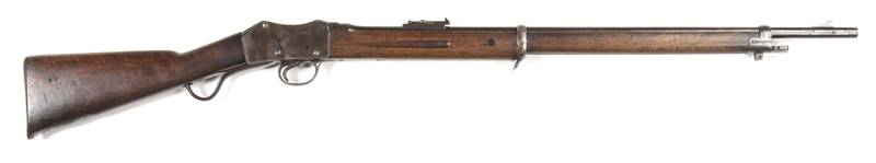 WW GREENER COMMERCIAL MARTINI-METFORD MILITARY STYLE RIFLE: 303 Cal; 30.2” barrel; p. bore; std military type sights, nose cap & front band with bayonet fitting; W.W.GREENER MAKER BIRMINGHAM to barrel & lhs of action; g. profiles & clear markings; blue/pl