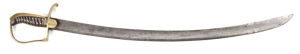 BRITISH 1796 PATT LIGHT CAVALRY TROOPERS SWORD: 28½" x 1¼" curved blade with a light grey finish; stained brass hilt with languet & stirrup guard; vg bone grip bound with woven silver wire; no scabbard; o/a g. cond. L/R