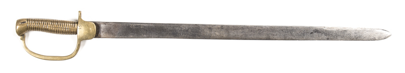 BRITISH BAKER, RIFLE BRIGADE SWORD BAYONET: 22.75" blade with light & darker staining; no visible maker; brass hilt with 45 marked to languet; Campaign repair to lhs of grip & missing locking button; f. to g. cond. Peninsula war & Waterloo period. N/L