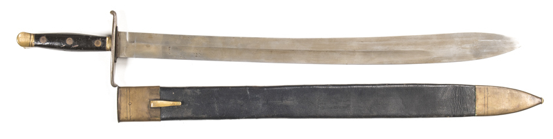 SWEDISH NAVAL CUTLASS: vg 26½" x 2" blade with small areas of light staining; steel quillions; long wooden grip secured by 3 steel studs with an eared brass pommel; complete with g. cond mounted black leather scabbard; g. reproduction cond. L/R