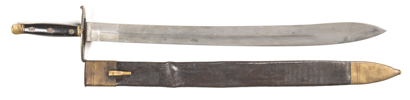 SWEDISH NAVAL CUTLASS: vg 26½" x 2" blade; steel quillions; long wooden grip secured by 3 steel studs; eared pommel; complete with g. brass mounted black leather scabbard; g. reproduction cond. L/R